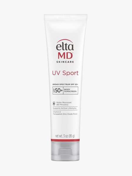 EltaMD UV Sport Sunscreen Lotion SPF 50 in branded tube component on a light gray background