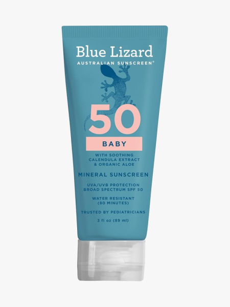 Blue Lizard Baby Mineral SPF 50 in branded tube component on a light gray background
