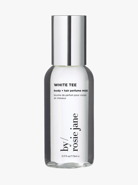 By Rosie Jane’s White Tee in branded component on a light gray background