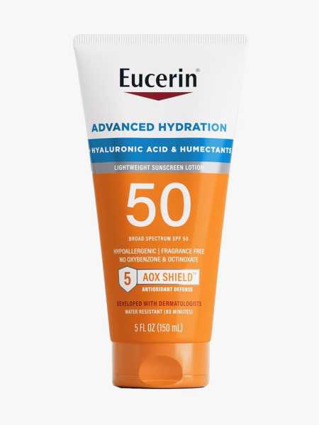 Eucerin Ultra Light-Fluid Advanced Hydration Sunscreen SPF 50 in branded tube component on a light gray background