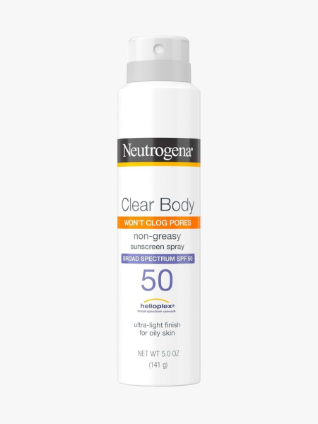 Neutrogena Clear Body SPF 50 Sunscreen Spray in branded component on a light gray background